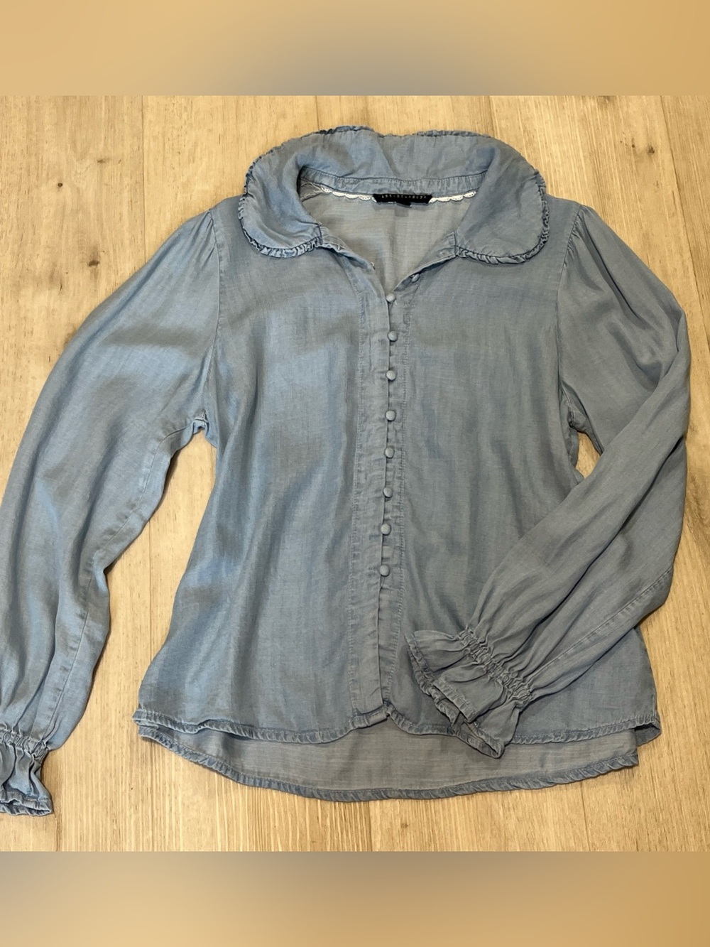 Jane and Delancey Chambray Blue Button-Front Ruffle Collar Peasant Blouse